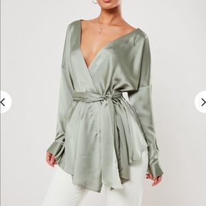 MISSGUIDED tie front blouse sage